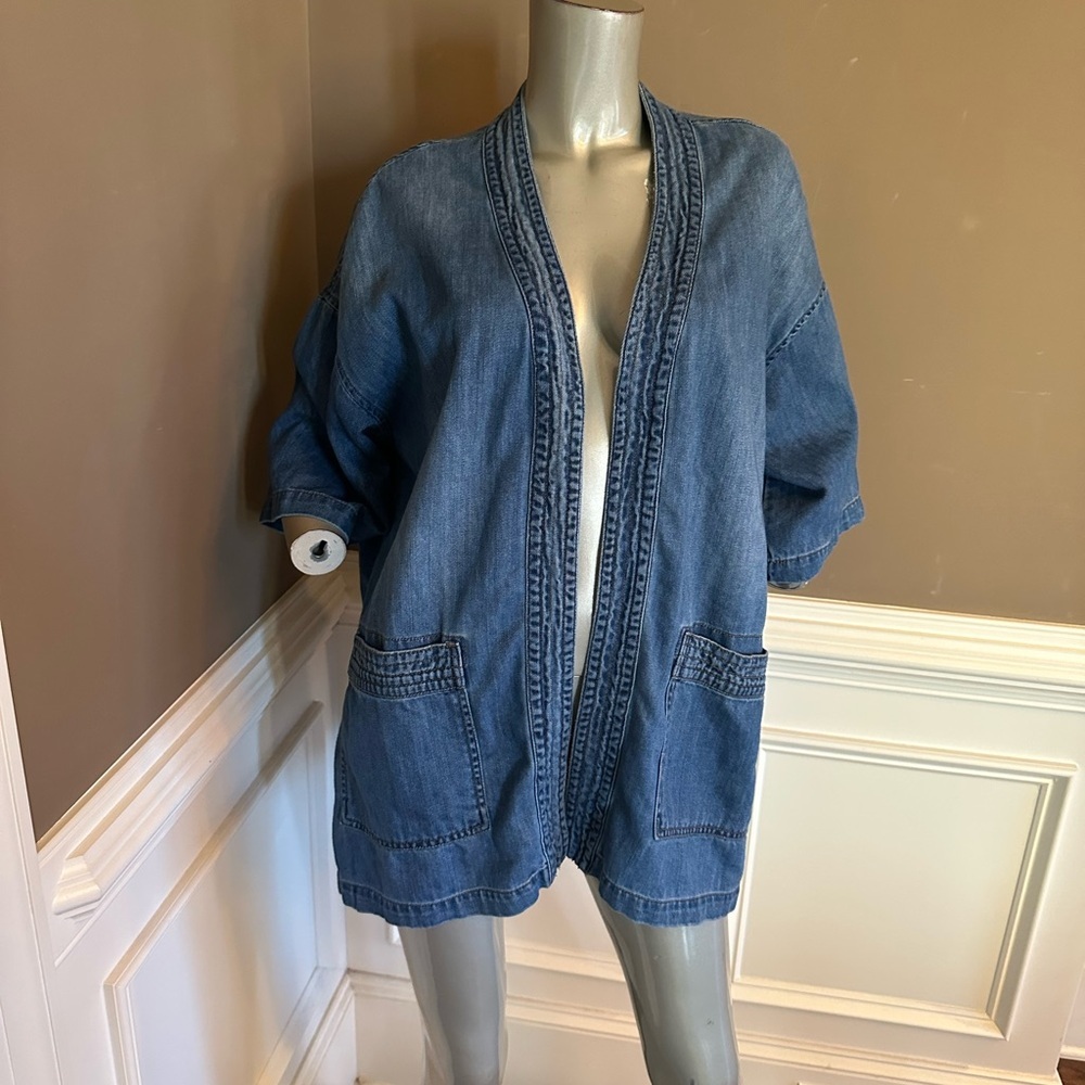 Liverpool Blue Denim Kimono Open Logo Jacket Sz M/L